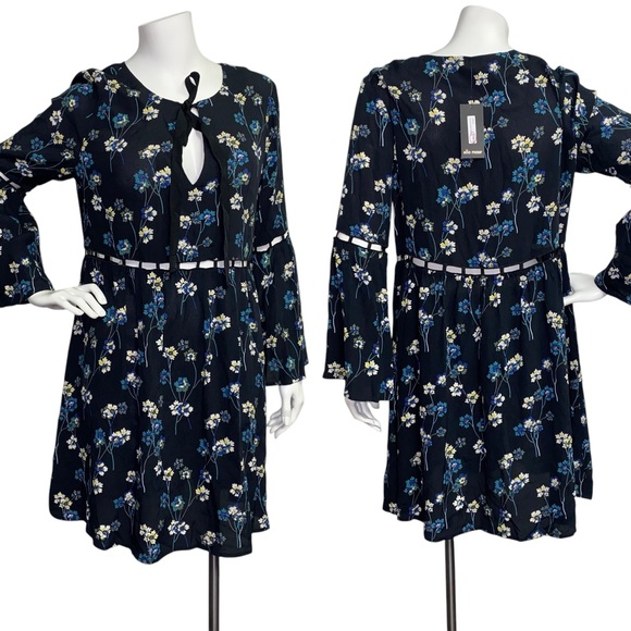 NWT Ella Moss Adara Dress Size M Black Floral Tie Neck Cutouts Bell Sleeve - Picture 1 of 8